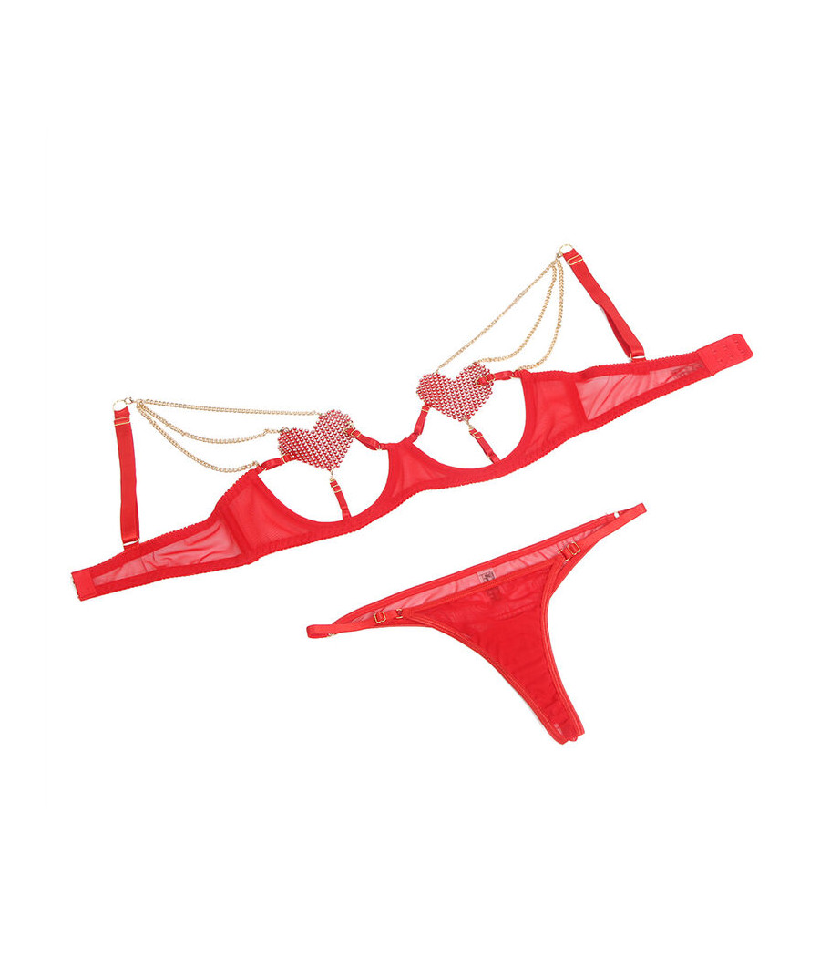 SUBBLIME - 955519 CONJUNTO DE SUTIÃ COM CORRENTES E MALHA CORAÇÃO VERMELHO S/M