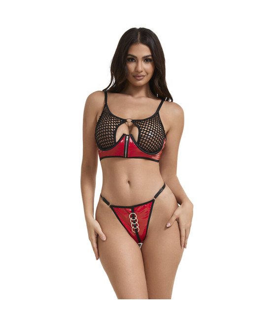 SUBBLIME - 955533 CONJUNTO DE SUTIÃ DE COURO VERMELHO COM ZÍPER DE MALHA S/M