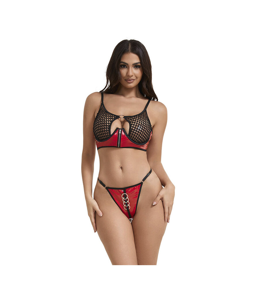 SUBBLIME - 955533 CONJUNTO DE SUTIÃ DE COURO VERMELHO COM ZÍPER DE MALHA S/M