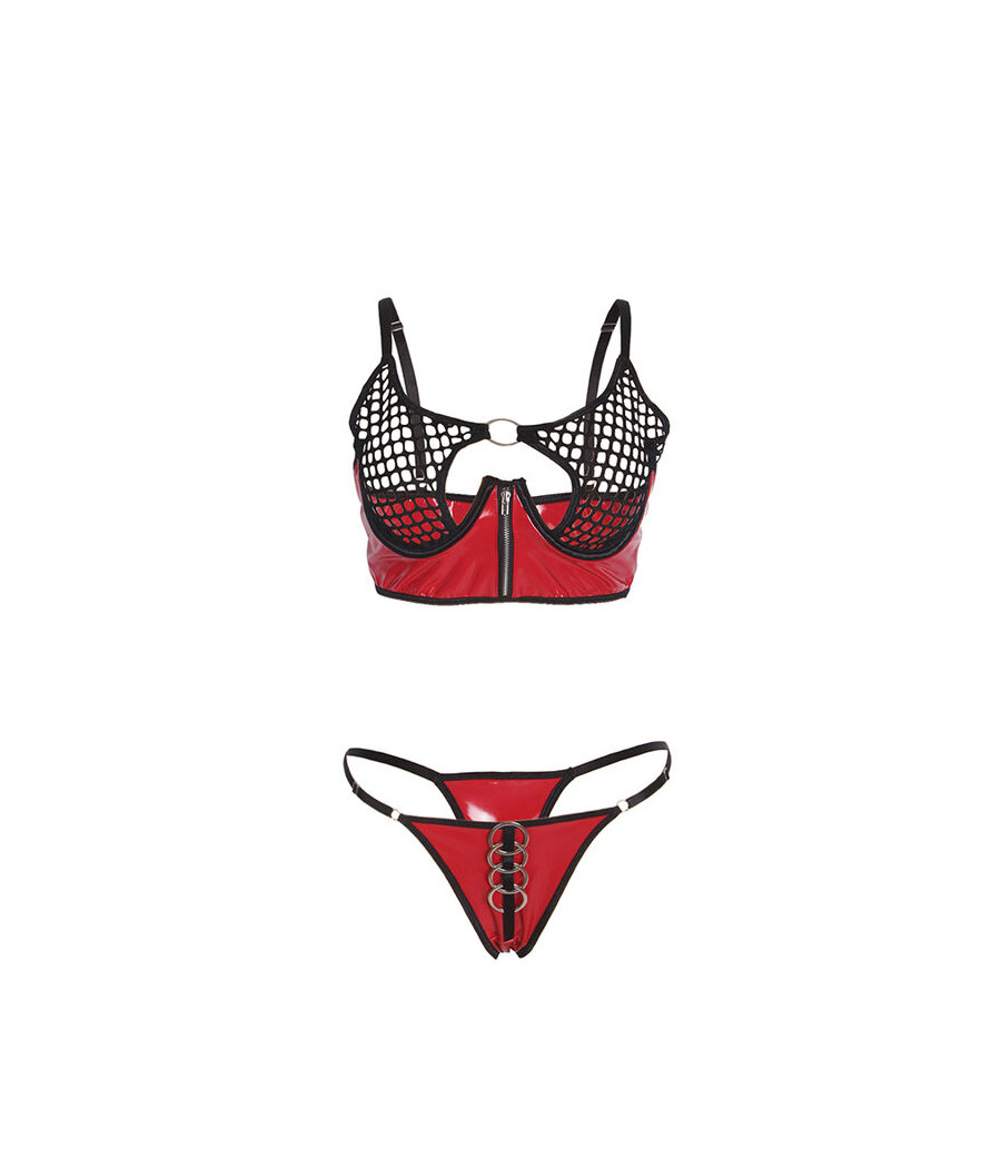SUBBLIME - 955533 ROTES LACKLEDER-NETZ-ZIPPER-BH-SET S/M