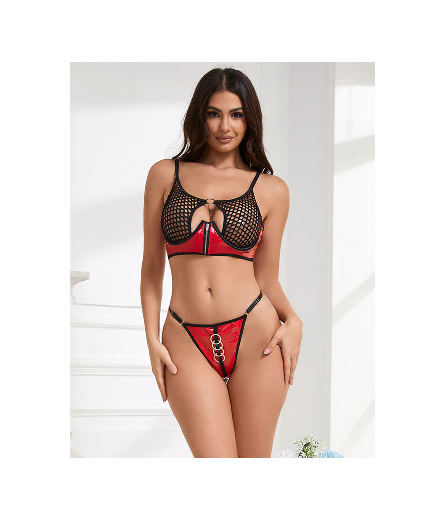 SUBBLIME - 955533 CONJUNTO DE SUTIÃ DE COURO VERMELHO COM ZÍPER DE MALHA S/M