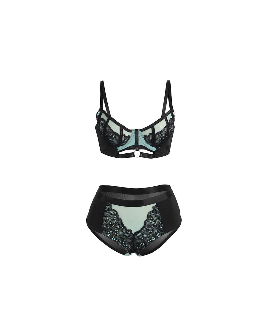 SUBBLIME - 955557 CONJUNTO DE SUTIÃ DE COURO VERDE COM ZÍPER DE MALHA S/M