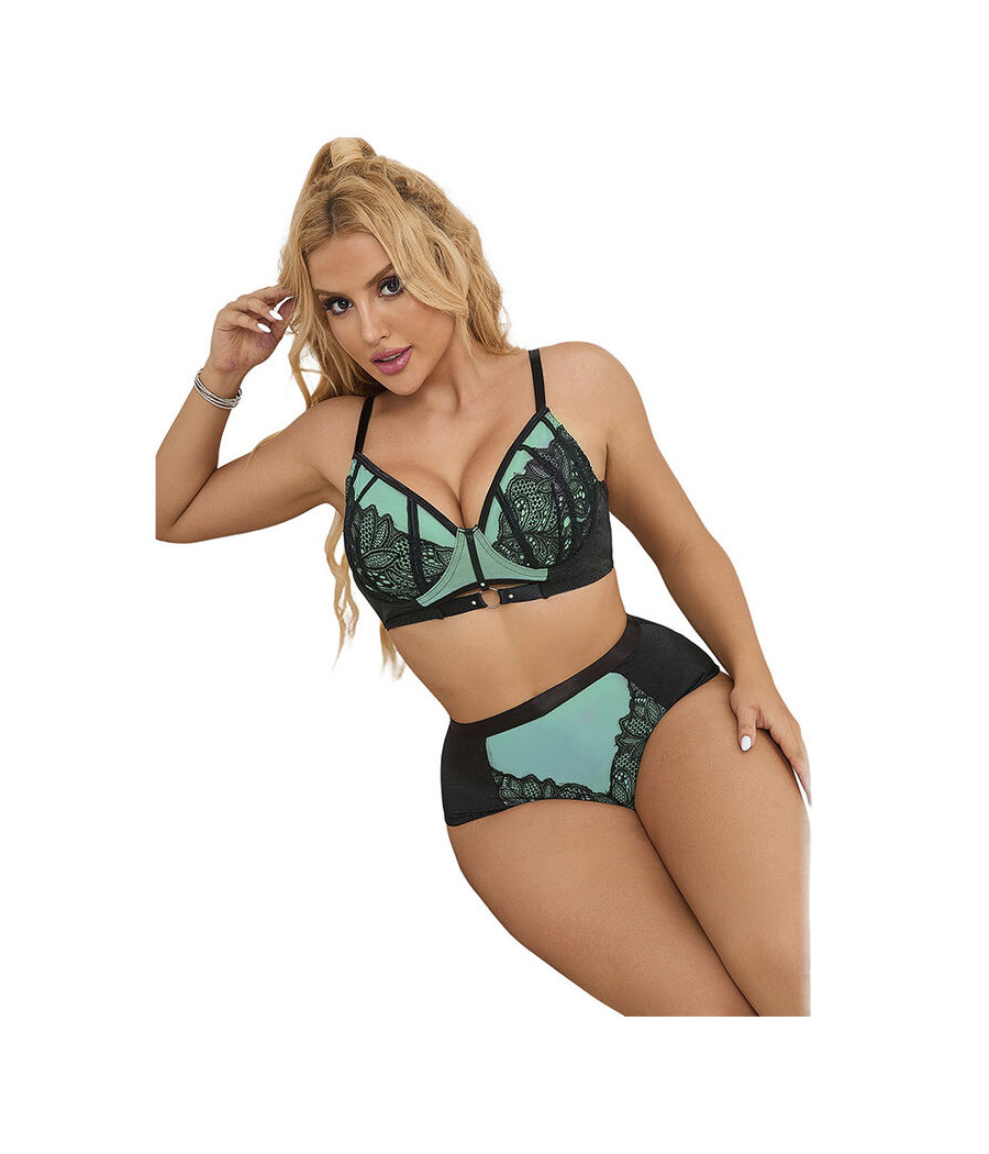 SUBBLIME - 955564 CONJUNTO DE SUTIÃ DE COURO VERDE COM ZÍPER DE MALHA L/XL