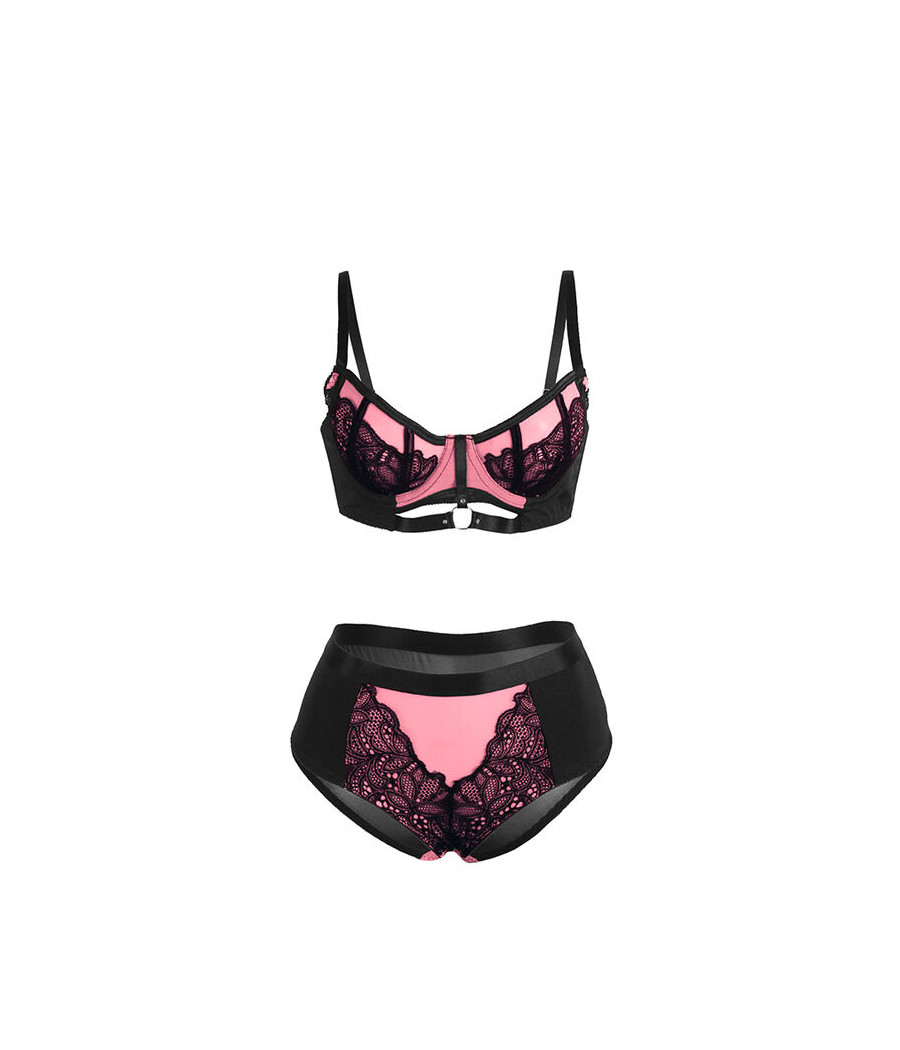 SUBBLIME - 955588 CONJUNTO DE SUTIÃ DE COURO VERDE COM ZÍPER DE MALHA ROSA L/XL