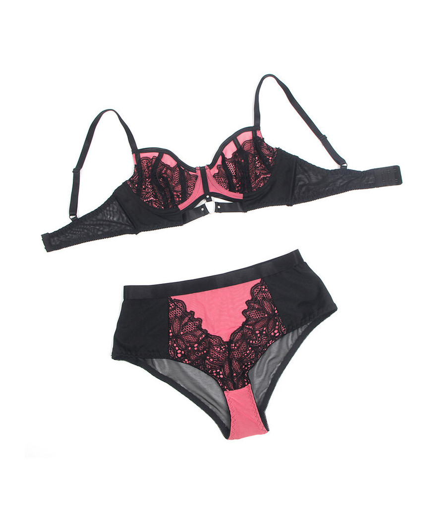 SUBBLIME - 955588 ENSEMBLE SOUTIEN-GORGE EN CUIR VERNI ROSE AVEC FERMETURE ÉCLAIR L/XL