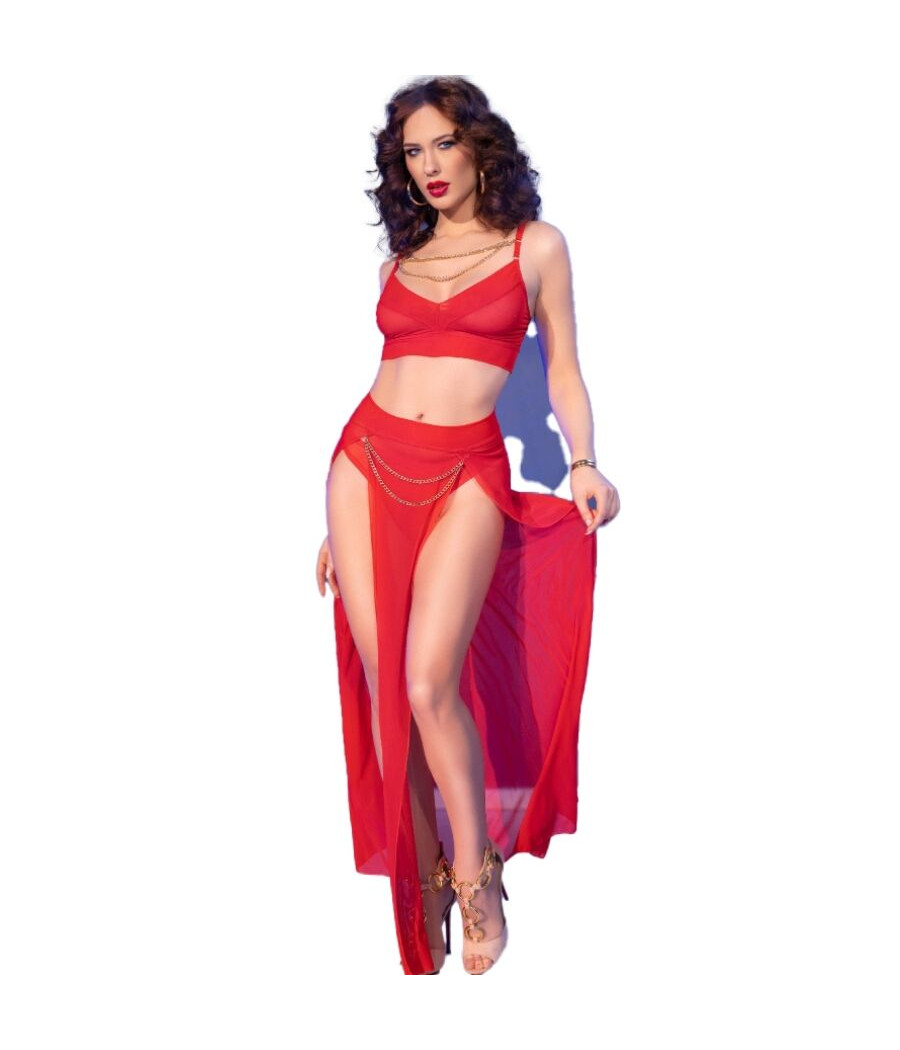 CHILIROSE - CR 4850 ROTES TOP UND LEGGINGS SET MIT GOLDENEN ACCESSOIRES S