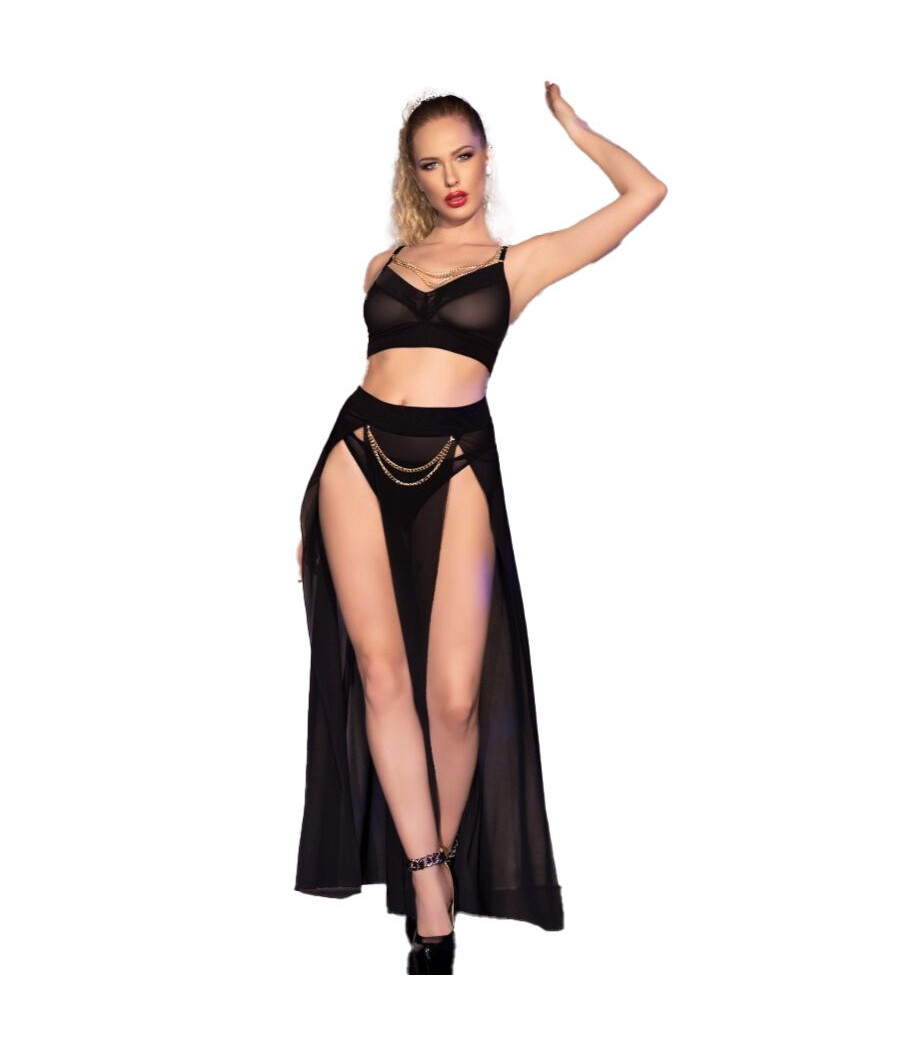 CHILIROSE - CR 4672 SAIA TOP PRETA E TANGA COM CORRENTES DOURADAS XL