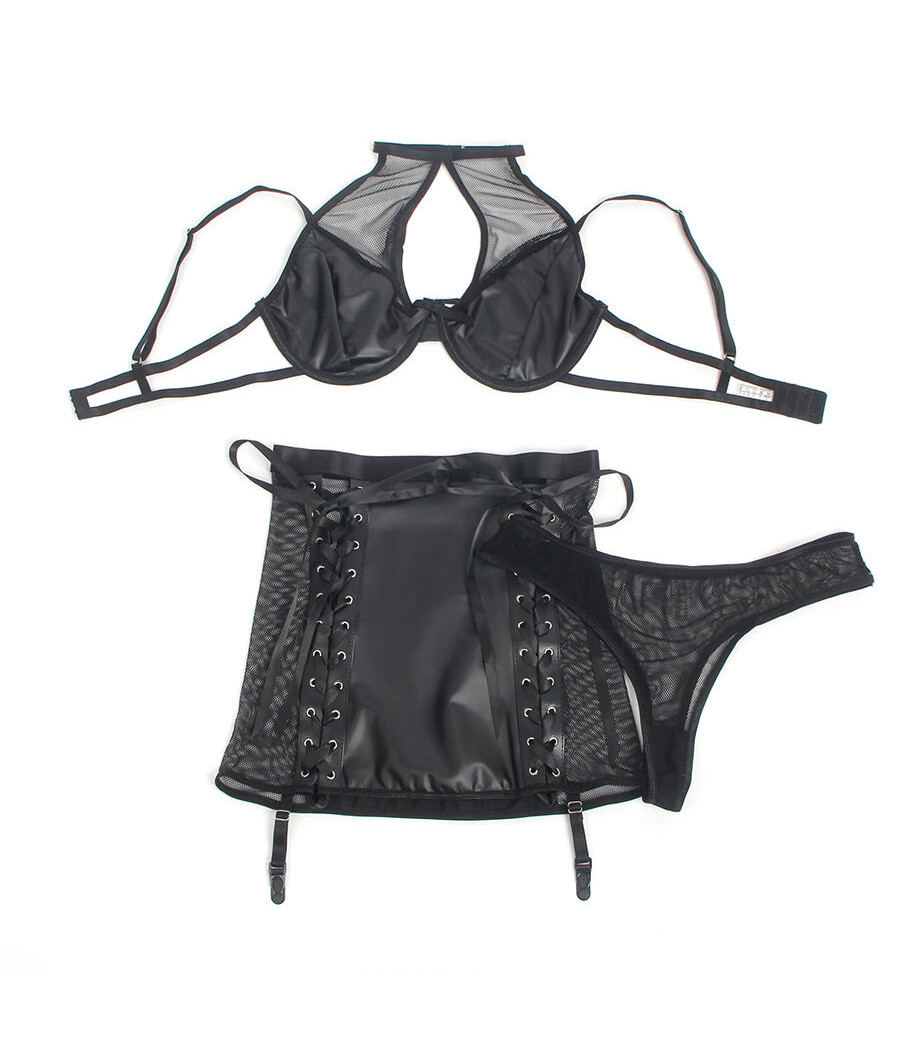 SUBBLIME - 957599 SET REGGISENO E GONNA IN PELLE NERO L/XL