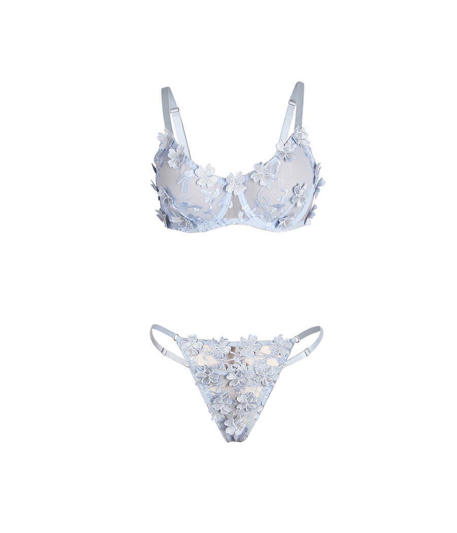 SUBBLIME - 957629 CONJUNTO DE SUTIÃ E CALCINHA BORDADOS COM FLORES AZUL CELESTE S/M