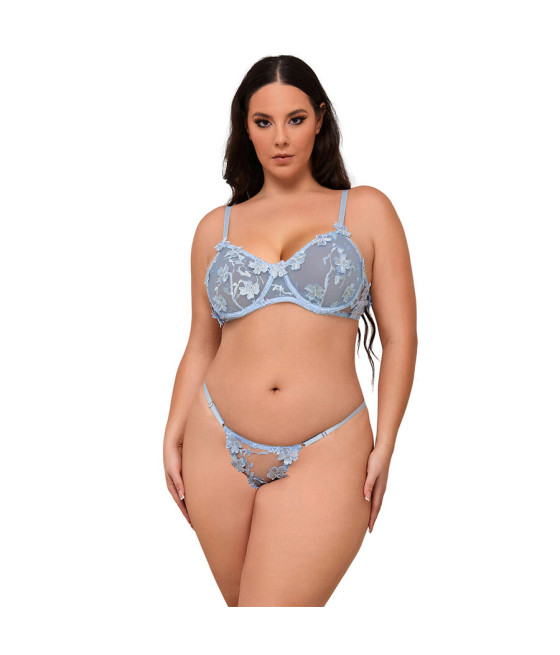 SUBBLIME - 957636 ENSEMBLE SOUTIEN-GORGE ET CULOTTE BRODÉS DE FLEURS BLEU CIEL L/XL