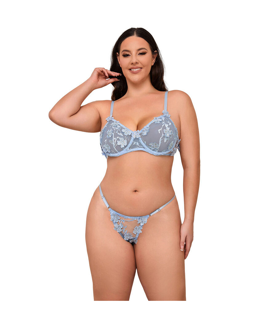 SUBBLIME - 957636 ENSEMBLE SOUTIEN-GORGE ET CULOTTE BRODÉS DE FLEURS BLEU CIEL L/XL