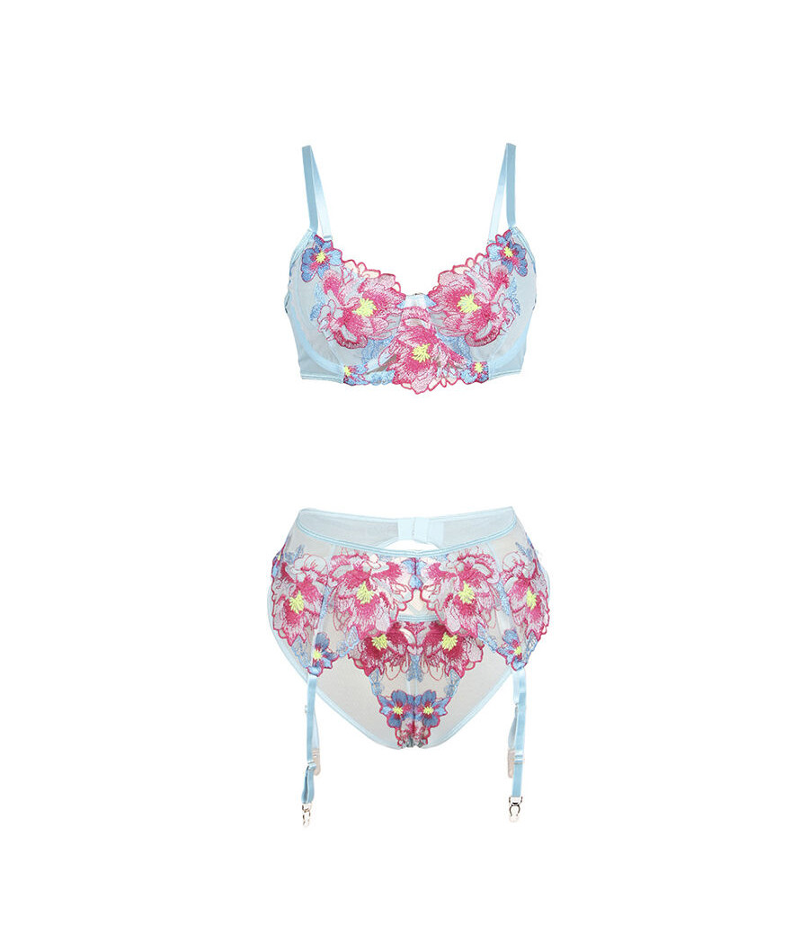 SUBBLIME - 957650 ENSEMBLE SOUTIEN-GORGE ET PORTE-JARRETELLES BRODÉ FLEURS ROSE L/XL