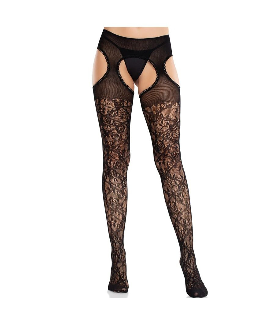 LEG AVENUE - BAS EN DENTELLE FLORALE AVEC JARRETELLES UNITED BLACK