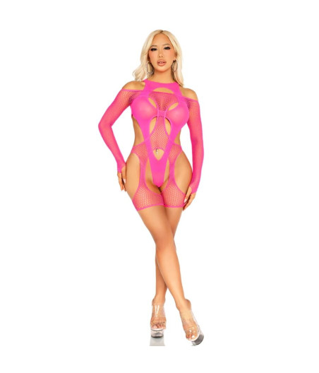 LEG AVENUE - FISHNET BODYSTOCKING WITH GARTER BELT AND HARNESS NEON PINK