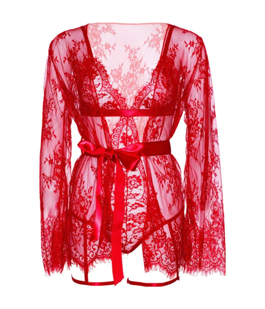 LEG AVENUE - 86123 TEDDY- UND STRUMPFBAND-BADEMANTEL-SET, ROT, GRÖSSE S