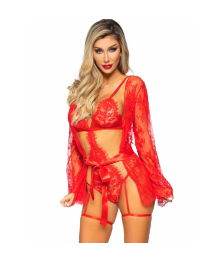 LEG AVENUE - 86123 TEDDY- UND STRUMPFBAND-BADEMANTEL-SET, ROT, GRÖSSE M