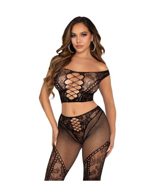 LEG AVENUE - CROP TOP AND FISHNET LEGGING WITH BARE SHOULDERS BLACK
