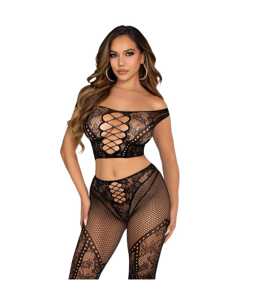 LEG AVENUE - CROP TOP AND FISHNET LEGGING WITH BARE SHOULDERS BLACK