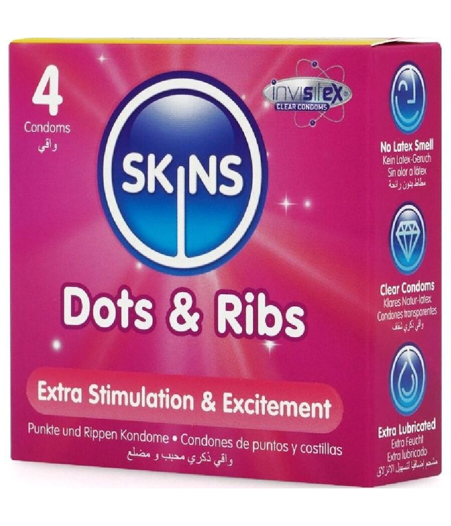 SKINS - PACK DE 4 PRÉSERVATIFS PREMIUM DOTS & RIBS