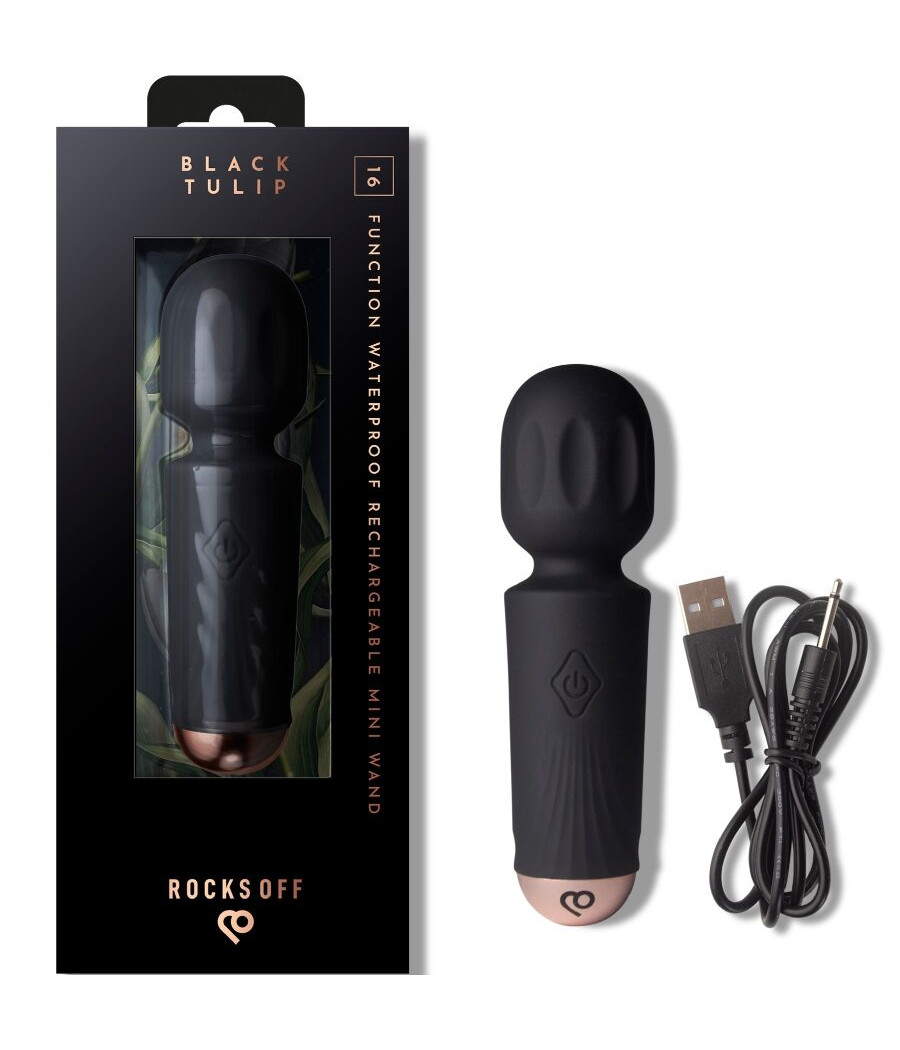 ROCKS-OFF - MINI BAGUETTE RECHARGEABLE 16 FONCTIONS TULIPE NOIRE