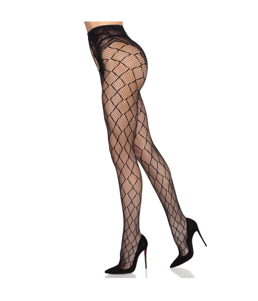 LEG AVENUE - 1966 MEDIAS DE RED CON PANTY SIN ENTREPIERNA NEGRO - TALLA ÚNICA