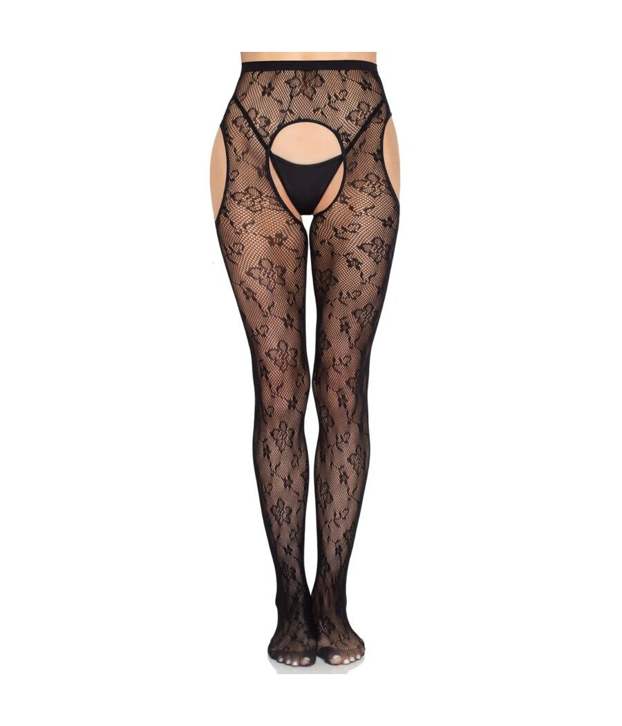LEG AVENUE - 1967 BLOOM NETZ-STRUMPFHOSE MIT STRUMPFHALTERN, SCHWARZ - EINHEITSGRÖSSE