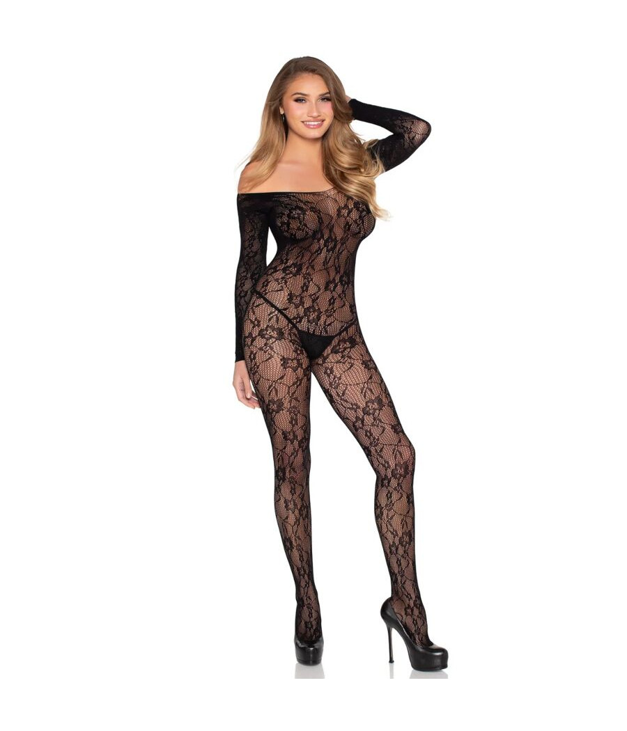 LEG AVENUE - 89366 BODYSTOCKING DE LENCERÍA DE ENCAJE NEGRO - TALLA ÚNICA