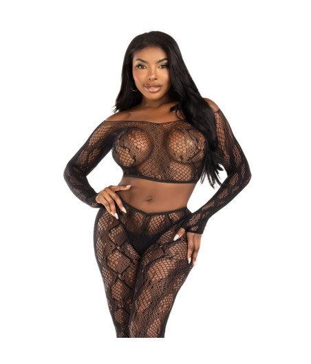 LEG AVENUE - 89373 TOP CROPPED COM ESTAMPA DE PYTHON E MEIA-CALÇA SEM PÉ PRETA - TAMANHO ÚNICO