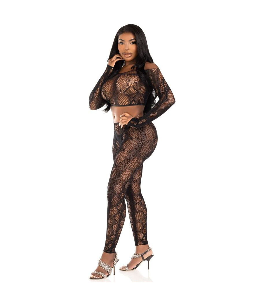 LEG AVENUE - 89373 PYTHON CROP TOP & FOOTLESS TIGHTS BLACK - ONE SIZE