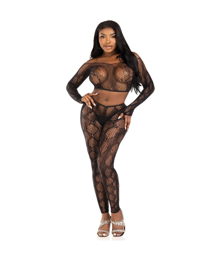 LEG AVENUE - 89373 PYTHON-CROP-TOP & FUSSLOSE STRUMPFHOSE SCHWARZ - EINHEITSGRÖSSE