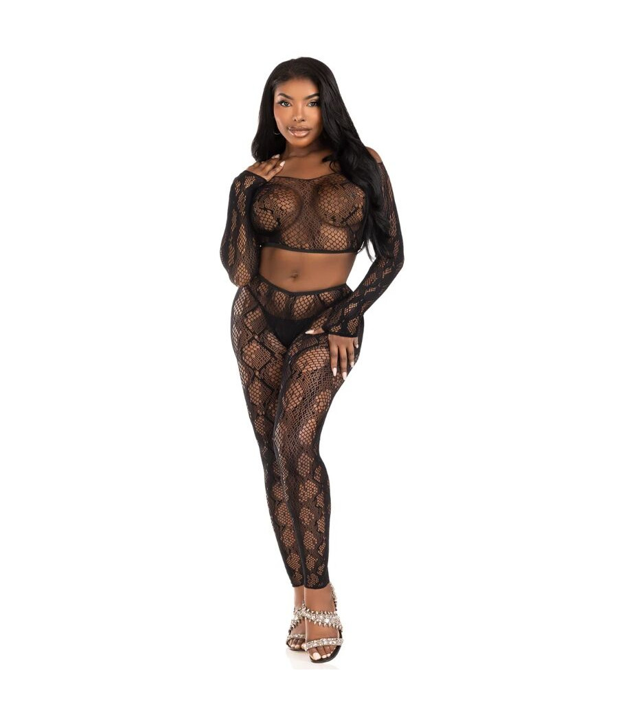 LEG AVENUE - 89373 PYTHON CROP TOP & FOOTLESS TIGHTS BLACK - ONE SIZE