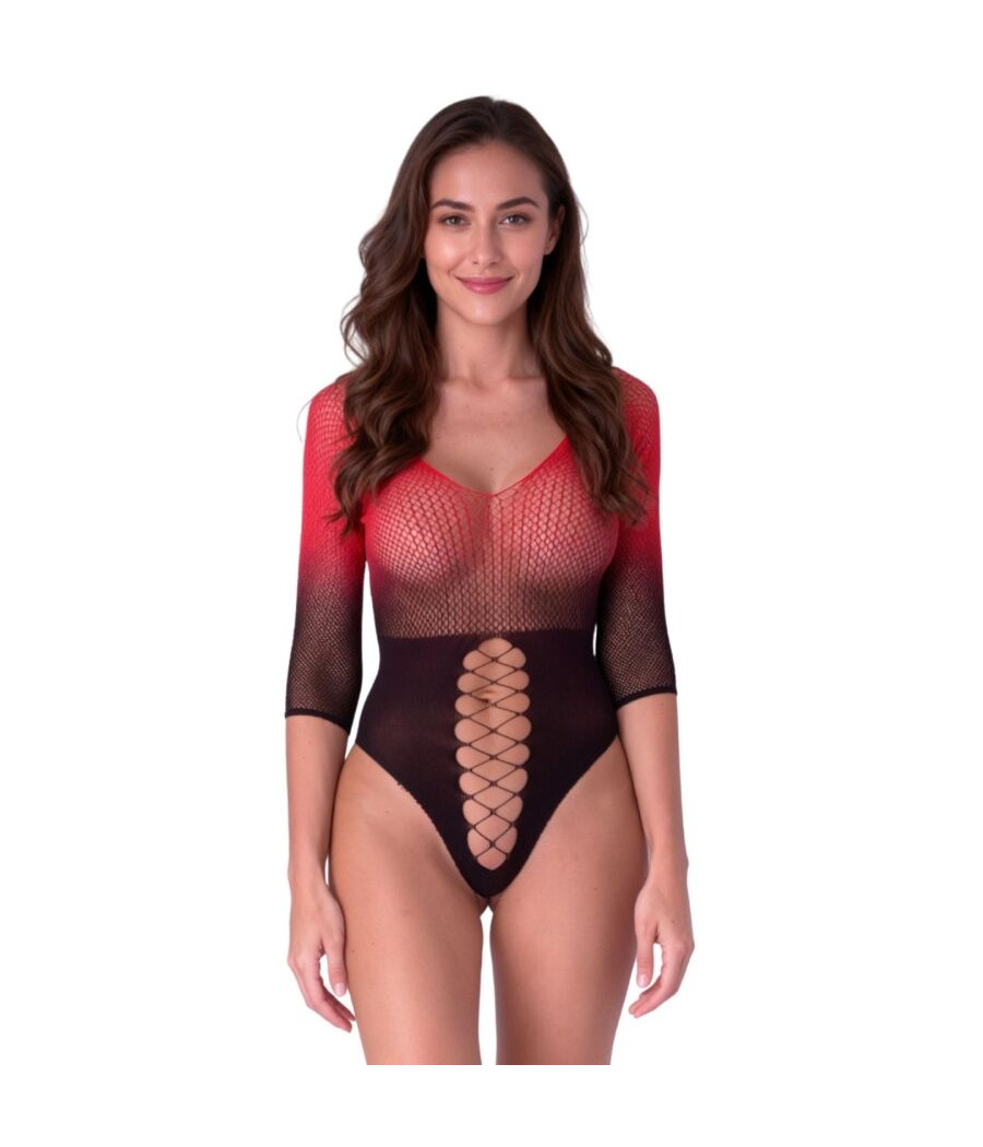 PASSION - BS118 BODYSTOCKING DE MALLA NEGRO Y ROJO