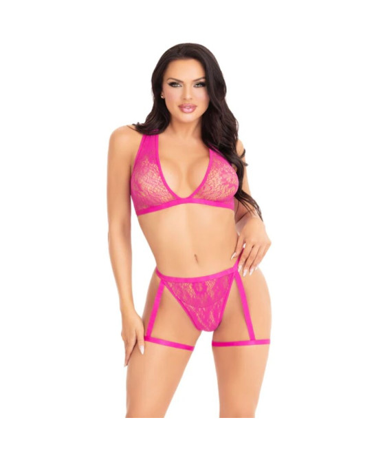 LEG AVENUE - 86148 CONJUNTO DE SUTIÃ E CALCINHA DE RENDA COM LIGAS ROSA - TAMANHO ÚNICO