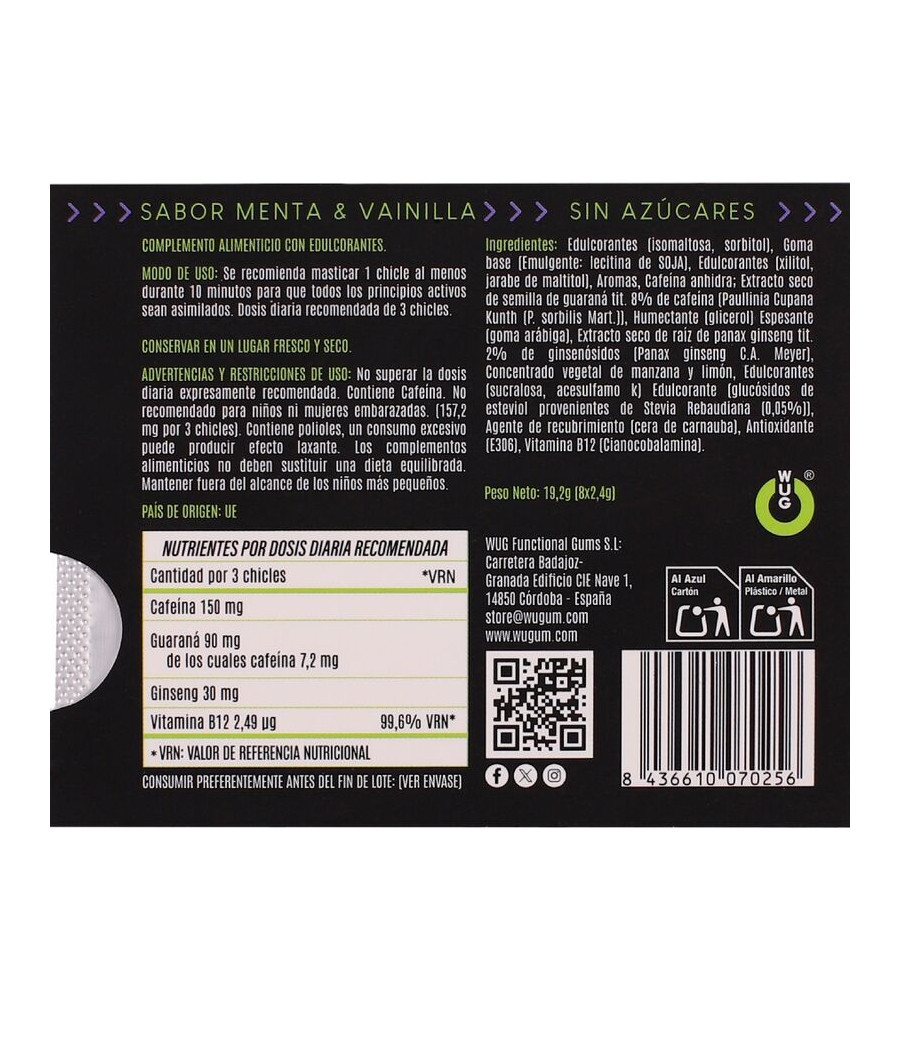 WUG ON - BLISTER DI GOMME DA MASTICARE CON CAFFEINA FUNZIONALE E GUARANA, GUSTO MENTA E VANIGLIA, 8 PEZZI