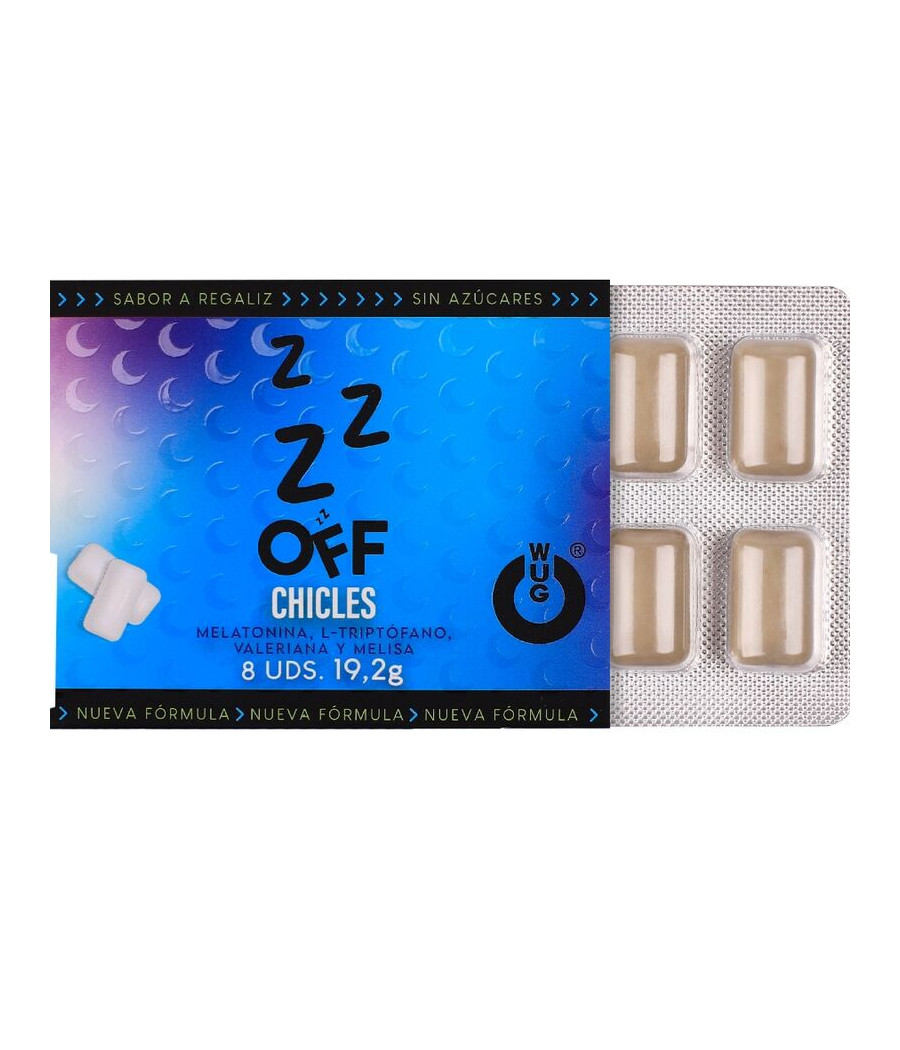 WUG OFF - GOMME DA MASTICARE AL GUSTO DI LIQUIRIZIA CON MELATONINA FUNZIONALE E VALERIANA, 8 PEZZI, IN BLISTER