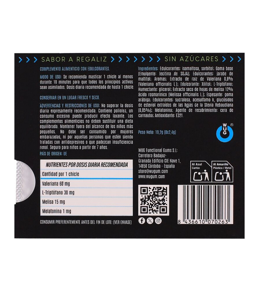 WUG OFF - GOMME DA MASTICARE AL GUSTO DI LIQUIRIZIA CON MELATONINA FUNZIONALE E VALERIANA, 8 PEZZI, IN BLISTER