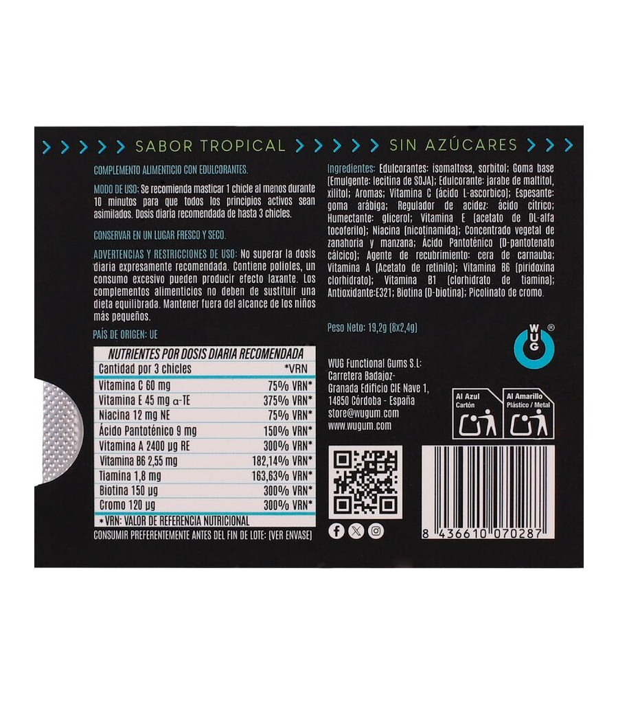 WUG MULTIVIT – Funktionelles Multivitamin-Kaugummi mit tropischem Geschmack, 8 Stück pro Blisterpackung