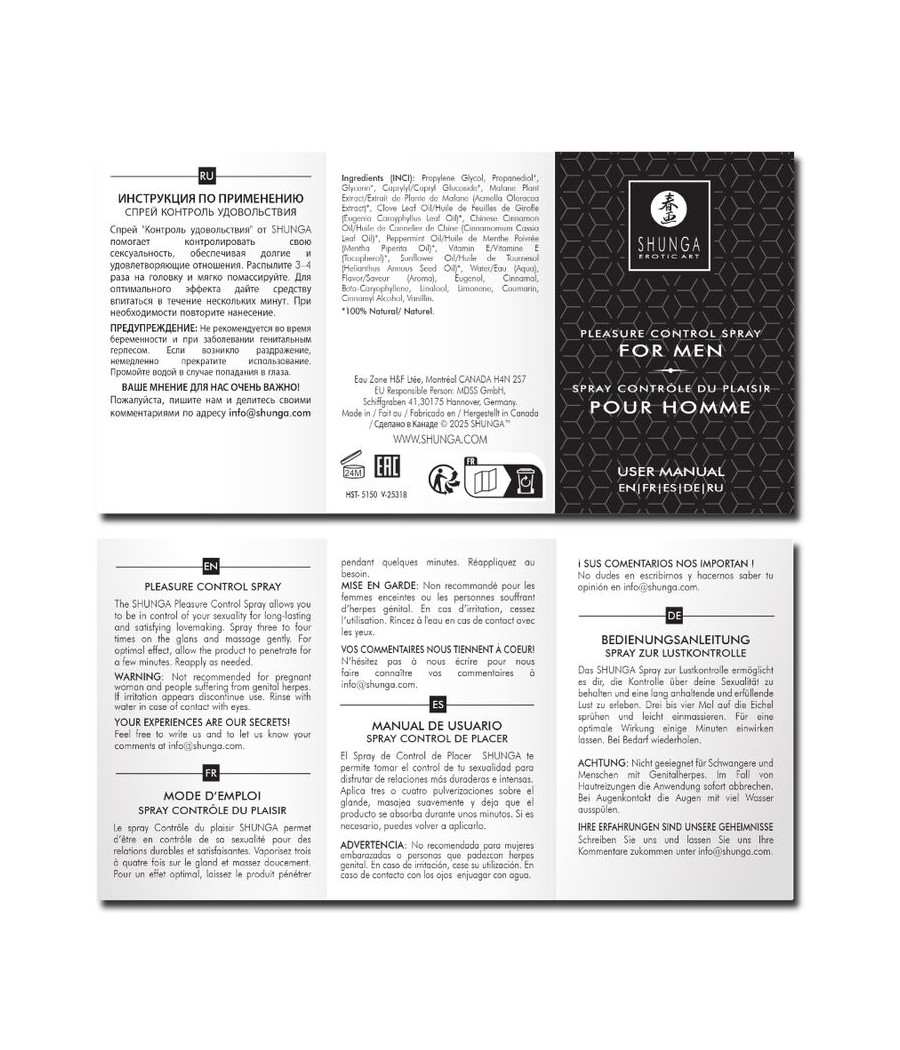 SHUNGA - SPRAY CONTROLLO DEL PIACERE PER UOMINI 20 ML