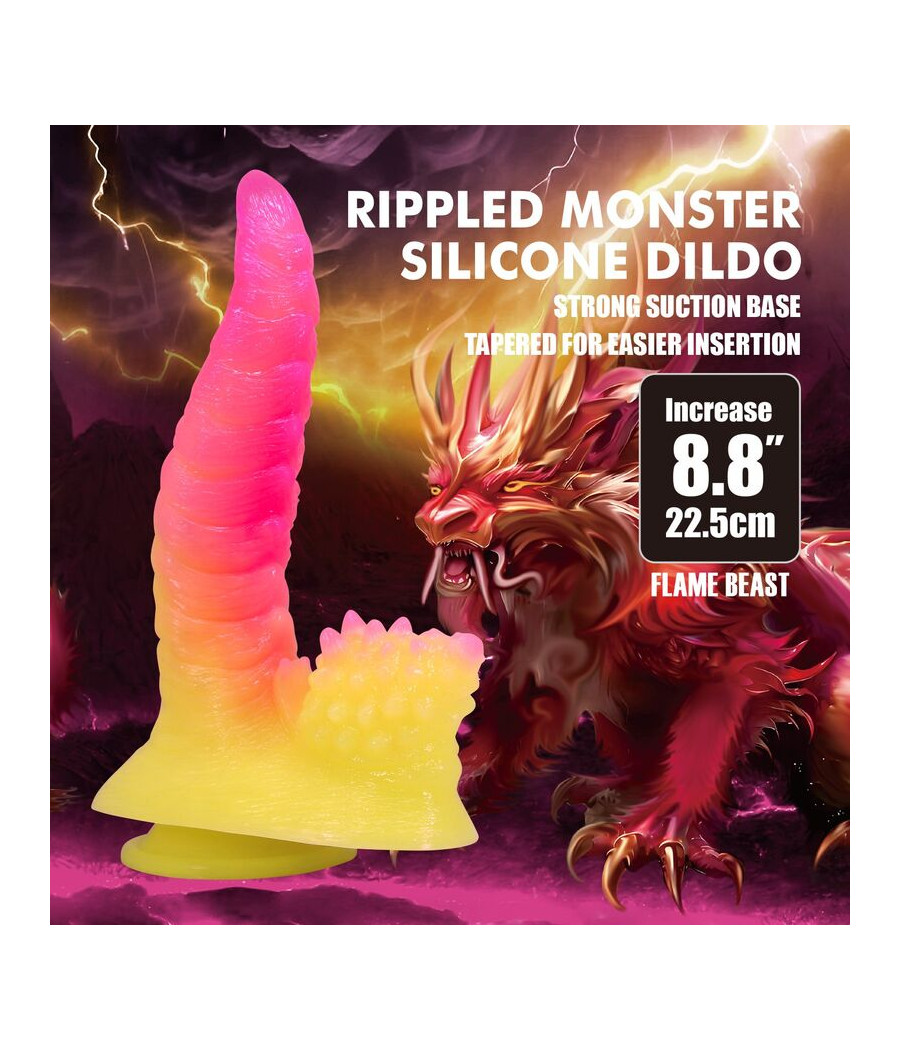 POWER MONSTERS - GODEMICHET MONSTRE ONDULÉ FANTASY AVEC VENTOUSE 22,5 CM Ø 5,5 CM ROSE ET JAUNE
