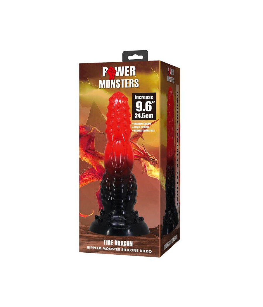 POWER MONSTERS - GODEMICHÉ FANTAISIE DRAGON DE FEU AVEC VENTOUSE 24,5 CM Ø 5,8 CM ROUGE ET NOIR