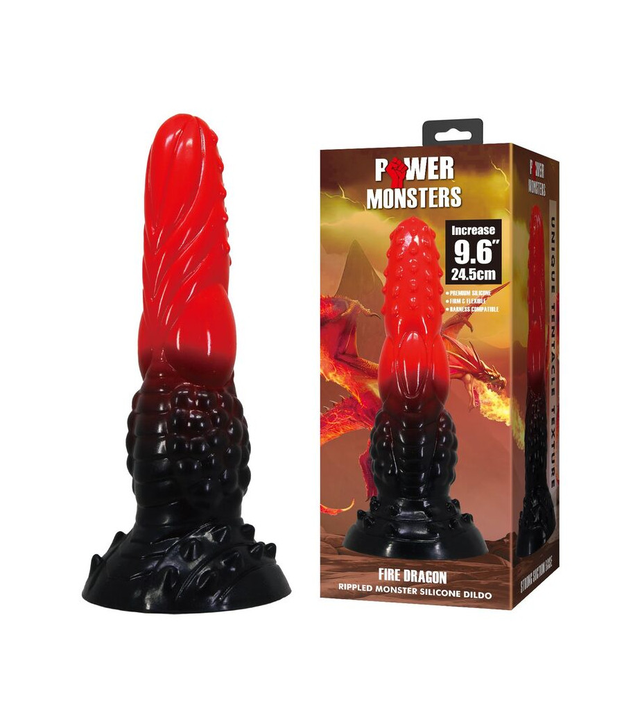 POWER MONSTERS - DILDO DE FANTASIA DRAGÃO DE FOGO COM VENTOSA 24,5 CM Ø 5,8 CM VERMELHO E PRETO