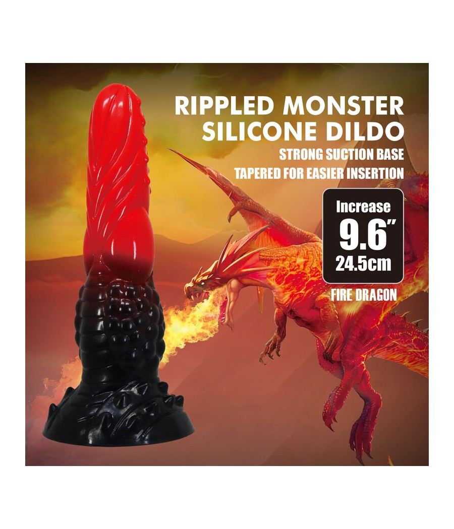 POWER MONSTERS – FEUERDRACHEN-FANTASIE-DILDO MIT SAUGNAPF 24,5 CM Ø 5,8 CM ROT & SCHWARZ