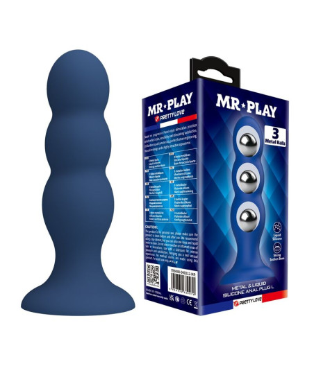 MR PLAY - PLUG ANAL COM BOLINHAS DE METAL E VENTOSA AZUL