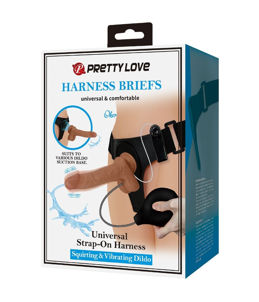PRETTY LOVE - HARNESS BRIEFS UNIVERSAL CON DILDO VIBRACIÓN Y SQUIRTING 15.5 CM MULATO