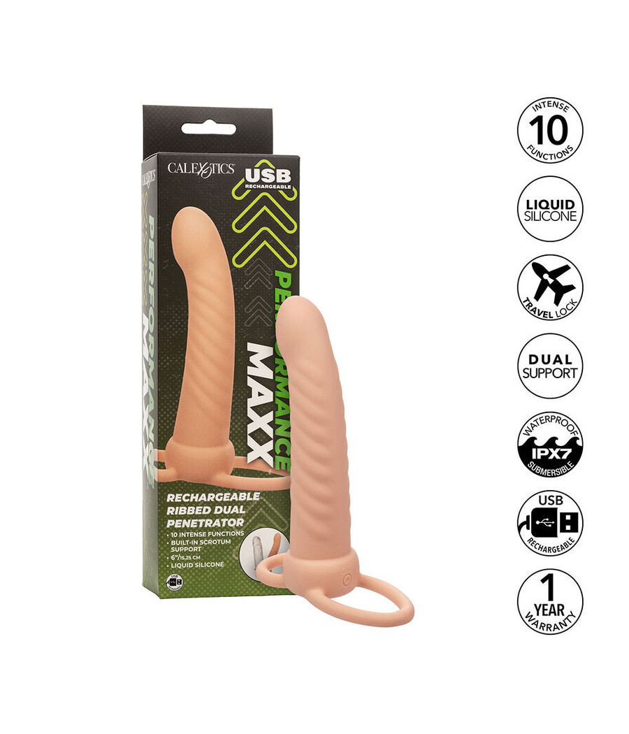 CALEXOTICS - MAXX RIBBED DUAL PENETRATOR 10 VIBRATIONS FLESH